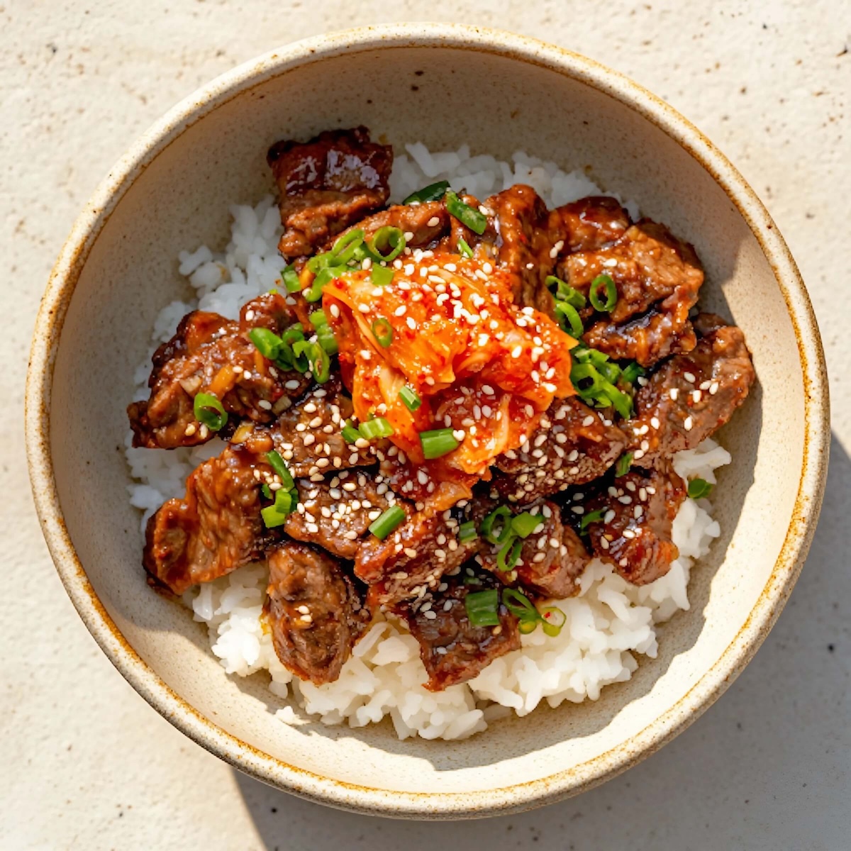 Gegrilde Bulgogi van de barbecue, geserveerd met rijst en kimchi.