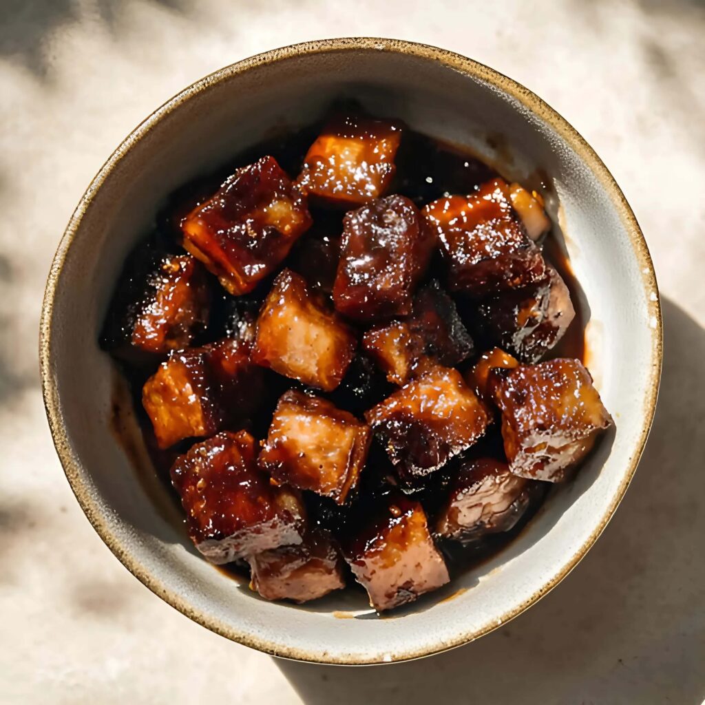 Schaaltje met kleverige Pork Belly Burnt Ends, geglazuurd met barbecuesaus.